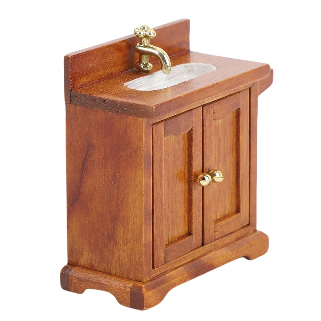 Dollhouse Sink Cabinet 1 16 Scale Floor Standing Double Door Bathroom Sink Wooden Miniature Dollhouse Furniture