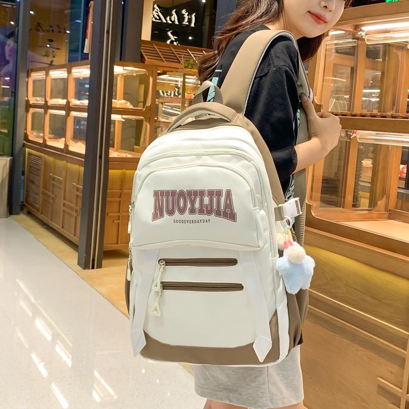 Women's Nylon Backpack Letter Large Capacity Student Schoolbag Color Block Backpack
