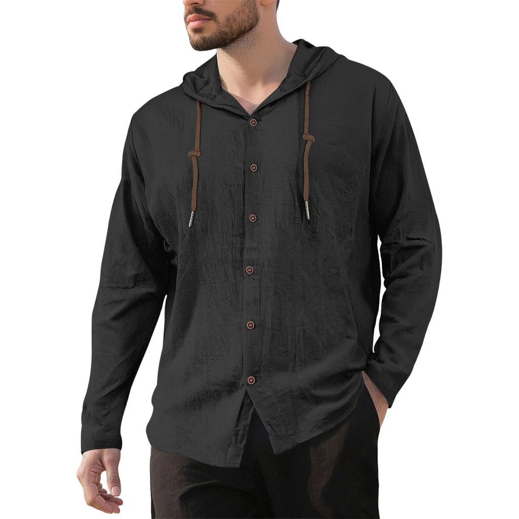 Men's Casual Hooded Long Sleeve Shirt Button Down Lightweight Breathable Loose Fit Oversized Cotton Shirt for Outdoor Sports