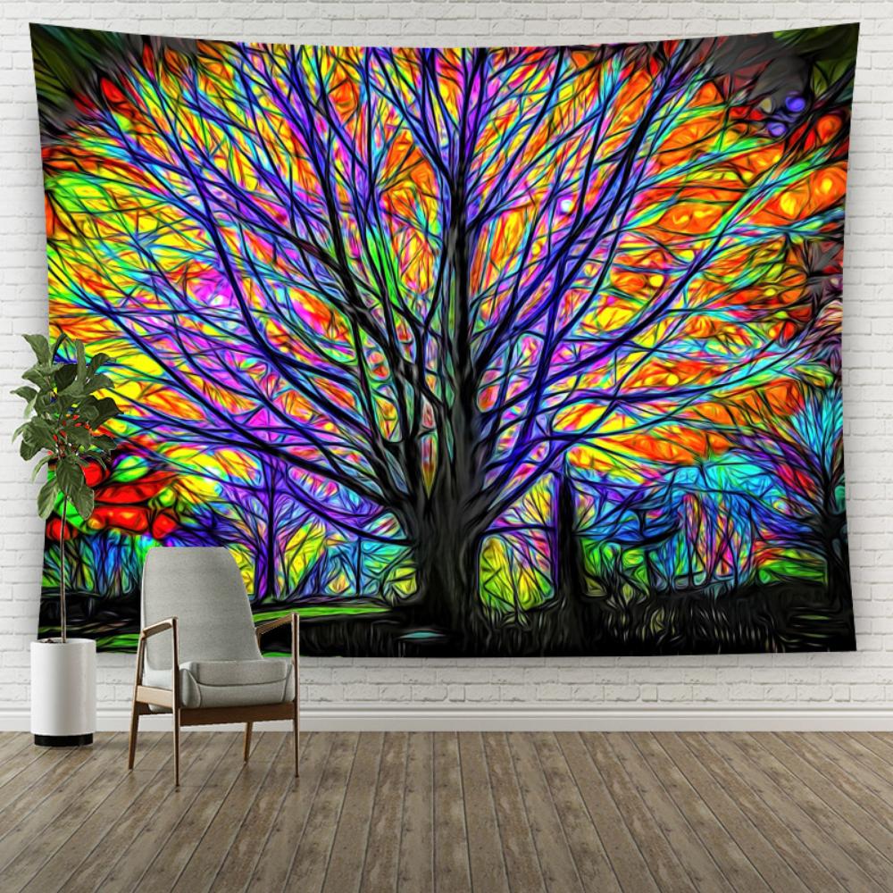 Colorful Tree Tapestry Bohemian Mandala Psychedelic Tapestry European and American Painted Tree Home Background Wall Decoration Hanging Cloth