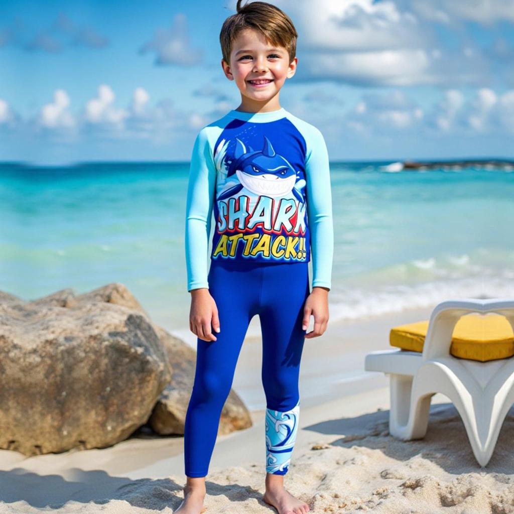 Traje de baño de dos piezas de manga larga con estampado de tiburones para niño - Estilo 2025