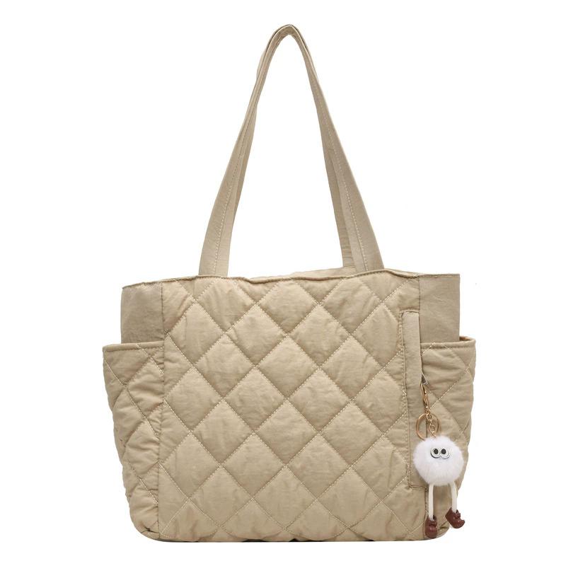 

Solid Color Quilted Puffer Tote Bag with Pom Pom Charm, Women Large Capacity Fashion Shoulder Bag, Versatile Casual Handbag