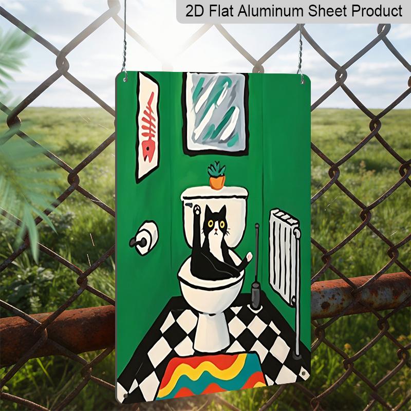 2D Flat 8×12 Inch Funny Cat In The Toilet Metal Sign - Whimsical Colorful Bathroom Wall Decor, Aluminum Hanging for Restroom, Home or Cat Lover's