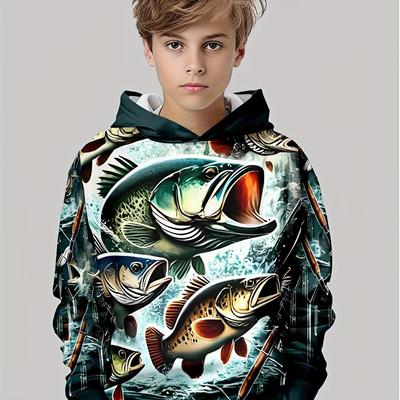Boys' Hooded Pullover - Long Sleeved Casual Hoodie with Dark Green Fishing Bait Pattern