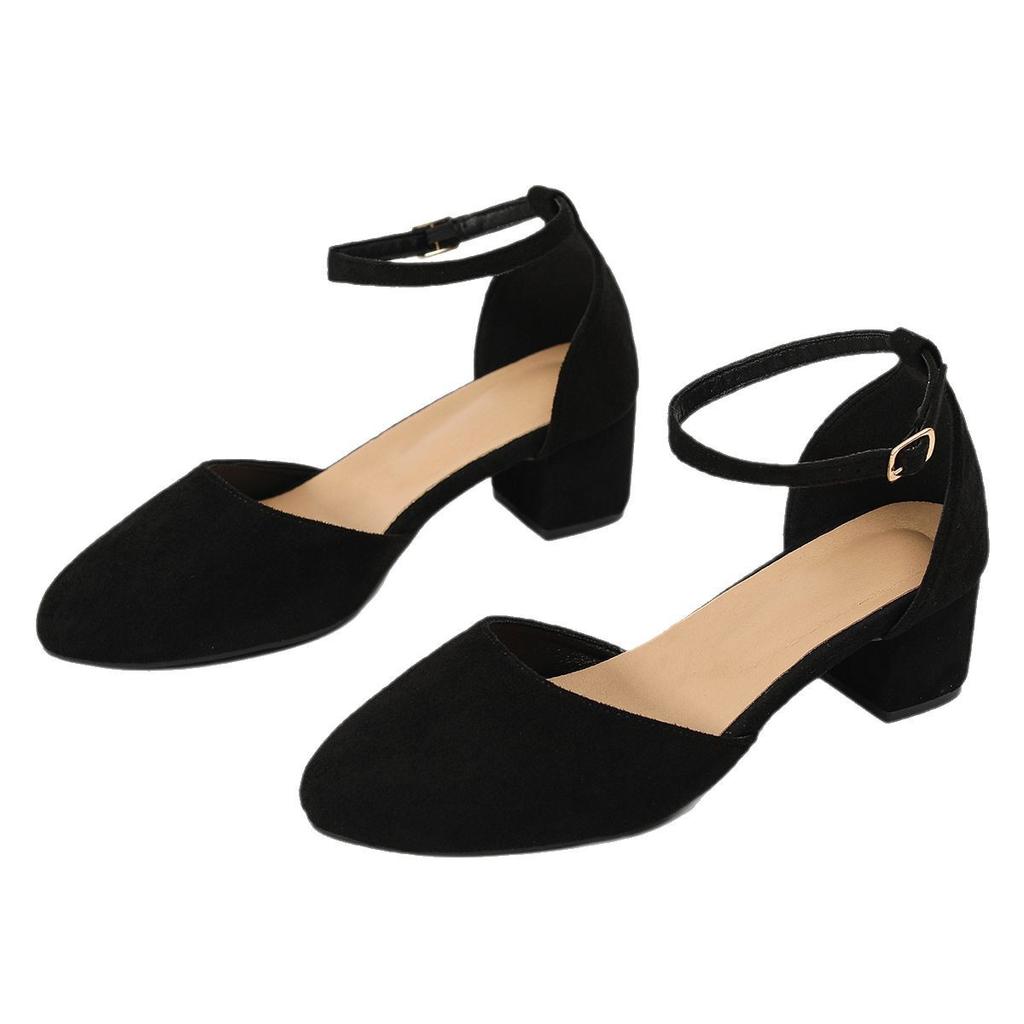 Breite fette Version große Größe Tasche Kopf hohle Sandalen Damen runder Kopf 5cm eckiger Absatz Ein-Wort-Schnalle hohle hohe Absätze