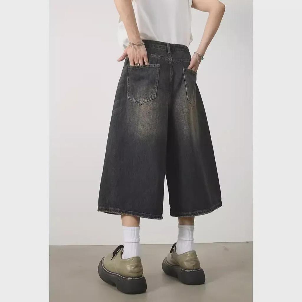 Men's Washed Retro Distressed Wide-Leg 7-Point Denim Shorts