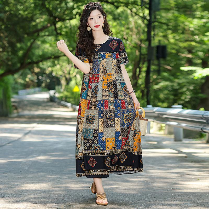 New Bohemian ethnic style short-sleeved summer cotton and silk dress loose fashion large size artificial cotton long skirt