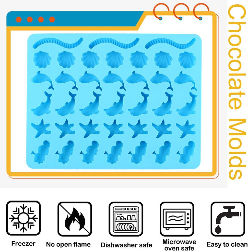 Mini Gummy Ocean Animals Silicone Candy Molds Including Hippocampus Shells Worms for Making Gummies Chocolates Vitamin Candy