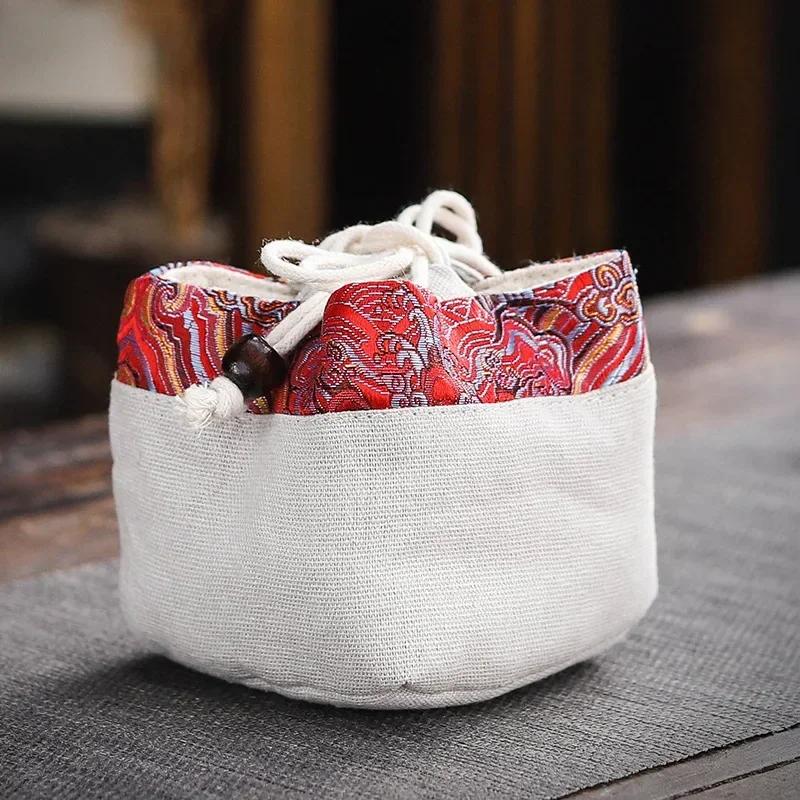 Vintage Teaware Storage Bag Outdoor Travel Ceramic Teacups Cotton and Linen Drawstring Cloth Bags Kung Fu Tea Accessories