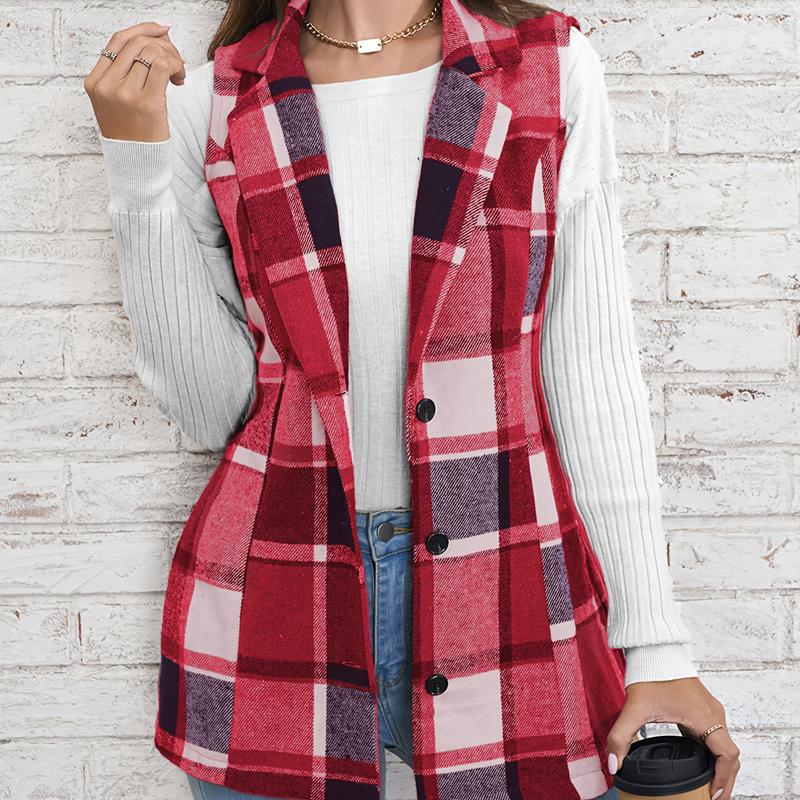 

Модний жилет-піджак з лацканами в клітинку, жилет без рукавів у клітинку, вільний великий розмір, жіночний елегантний стиль, універсальний, без рукавів, однобортний кардиган XL червоний