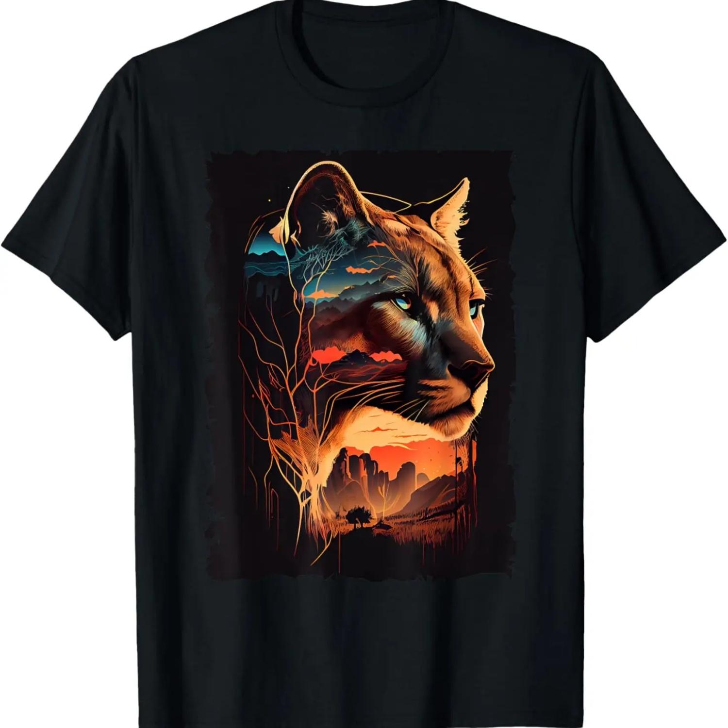Vintage Cougar Silhouette with Mountain Sunset Retro T-Shirt S чёрный