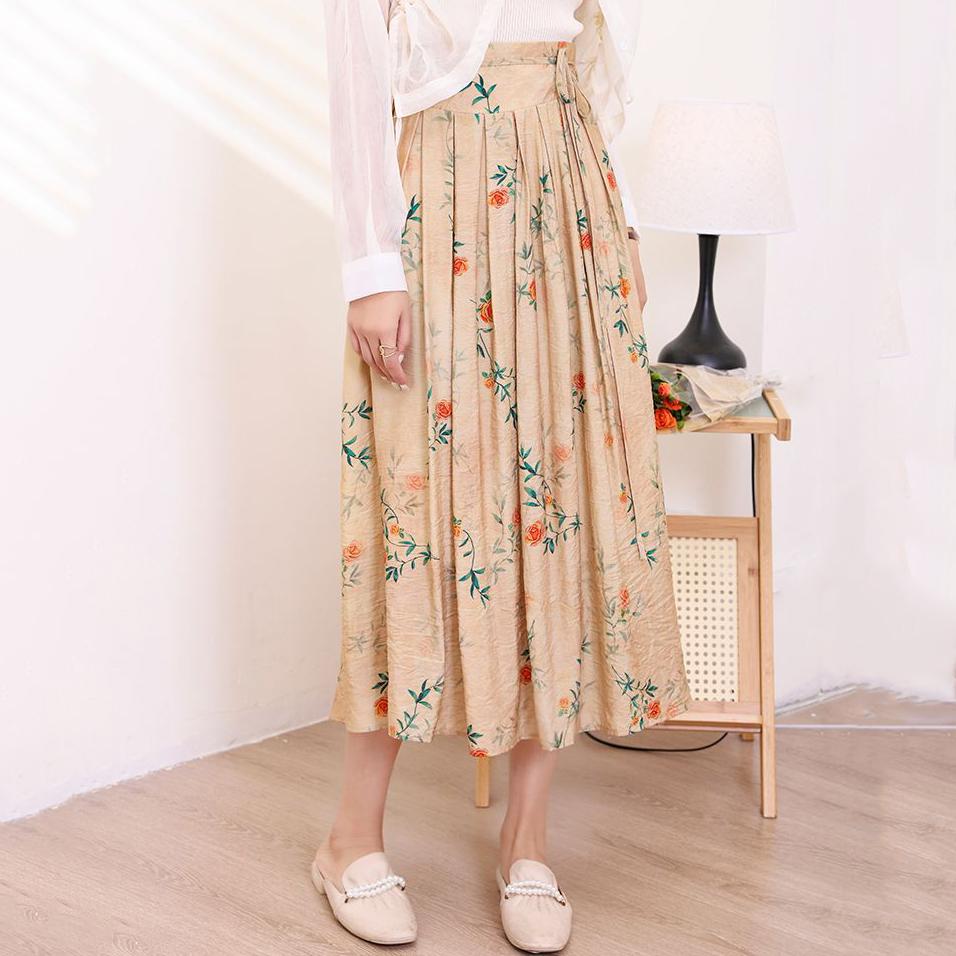 Qooth Hanfu waist wrap skirt  Cotton Linen Printed Pleated Skirt Elegant Vintage Skirt QT2187