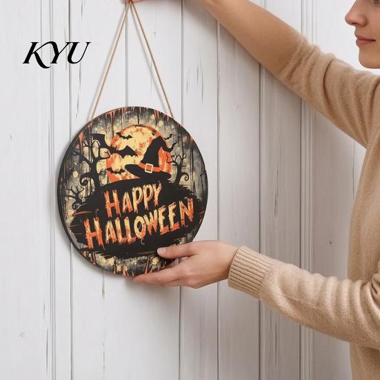 Vintage Witch And Bat Plaque Halloween Wooden Sign, Round Hanging Pendant with Lanyard, Retro Distressed Rustic Wall Decor Wood Skeleton/Pumpkin/Clown