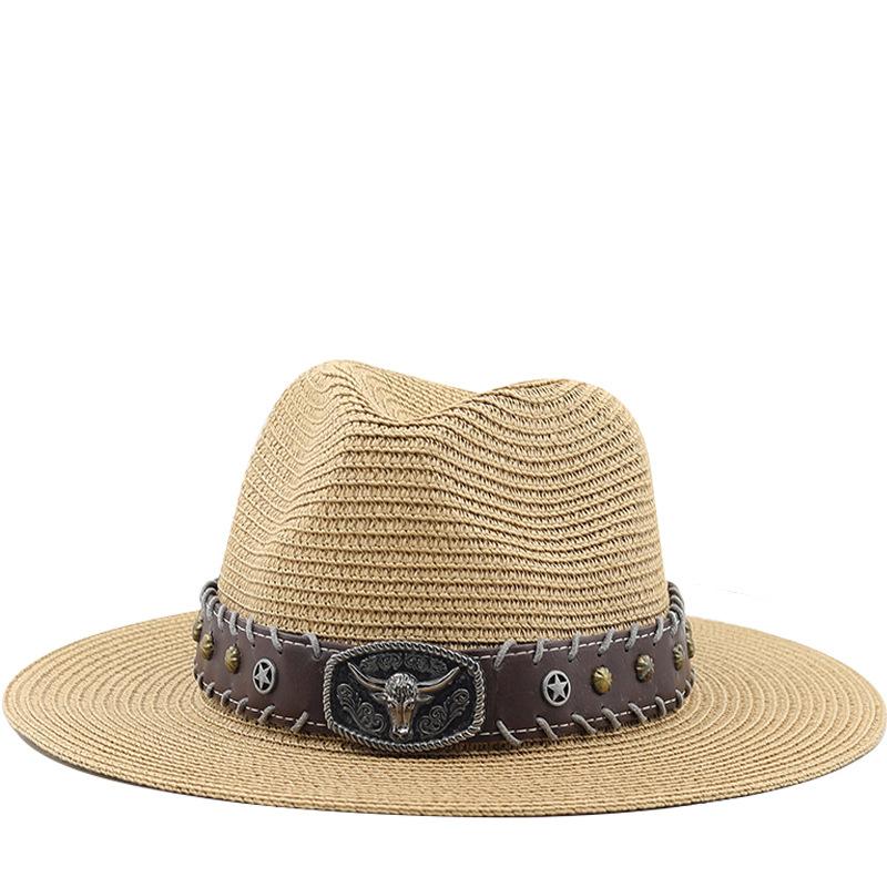 European and American retro literary hats cow head decoration western denim straw hat casual jazz hat men's and women's curved hats