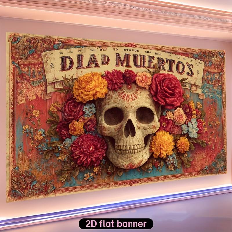 2D flat banner, 1 Mexican Day of the Dead background banner - vibrant flower and skull design