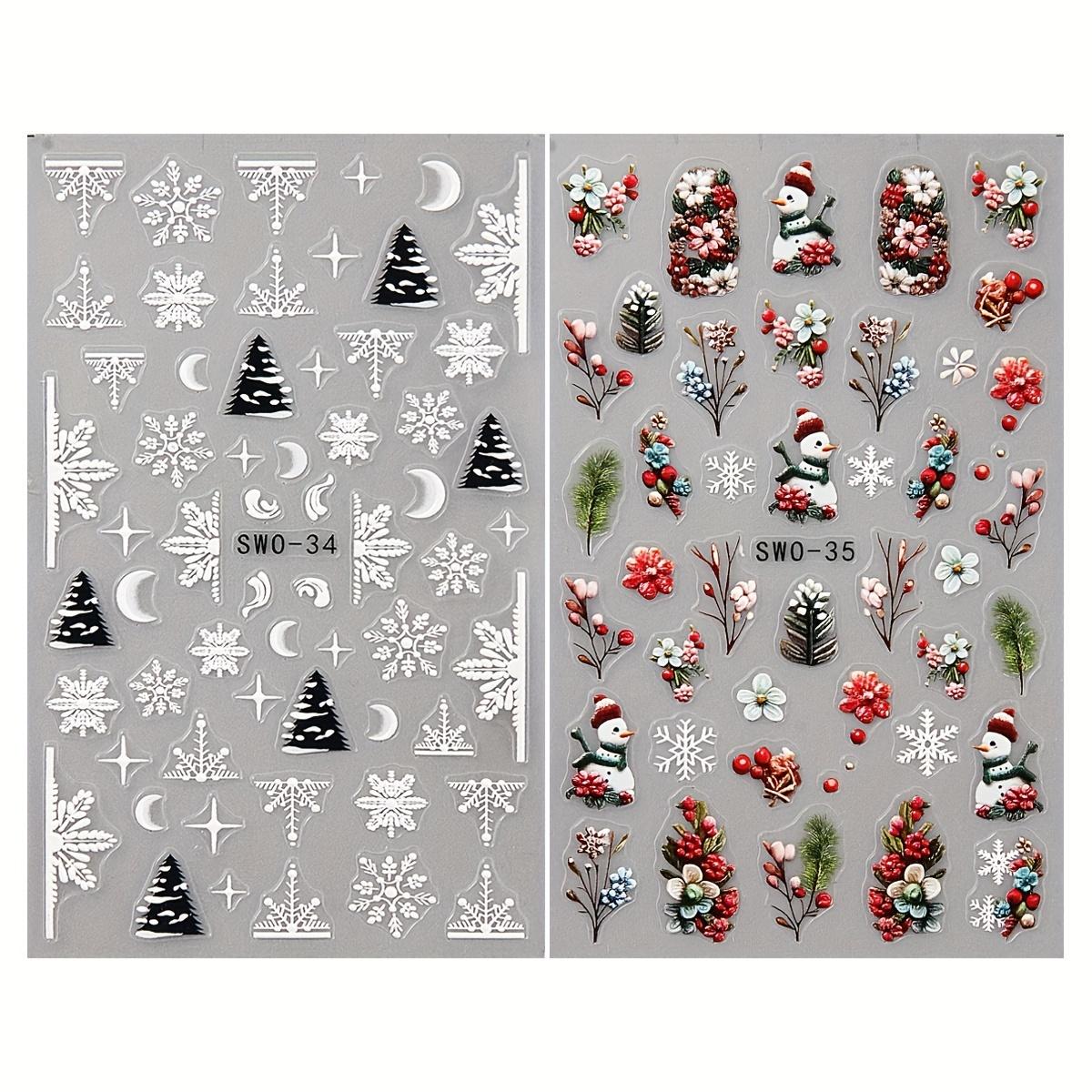

2 шт. Рождественские наклейки для ногтей - 3D-дизайн снеговиков, деревьев и цветов | Матовая отделка, самоклеящиеся наклейки для праздничного маникюра