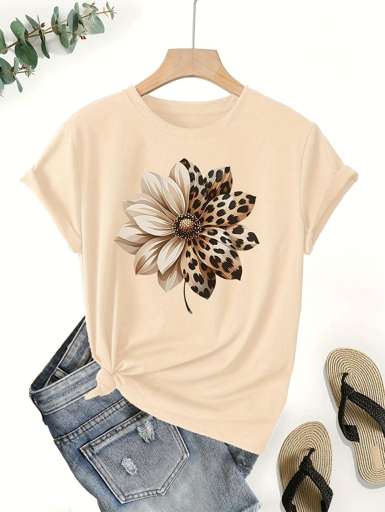 New Womens Retro Floral and Leopard Print Round Neck Short Sleeved Tshirt Casual Wear Printed TShirt Comfortable Clothing S