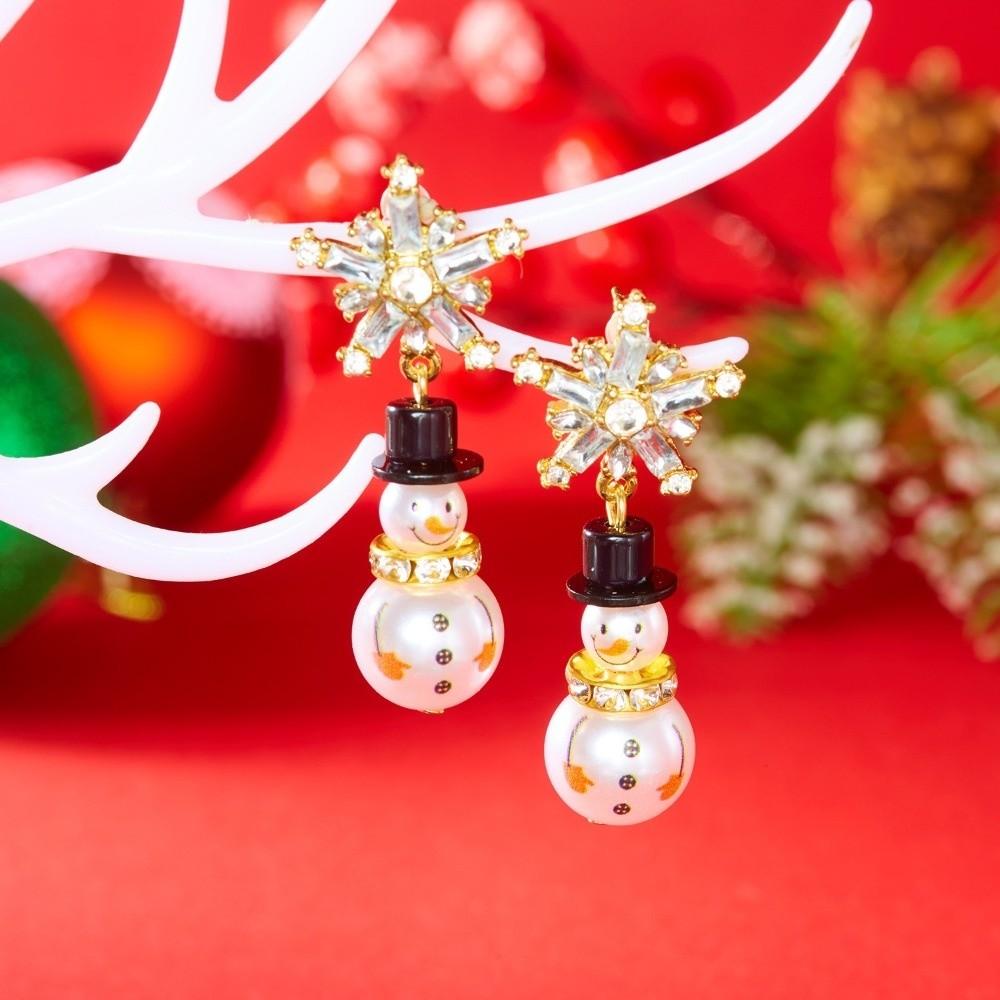 Imitation Pearl Christmas Earrings Rhinestone Xmas Dangle Earrings Sweet Snowman Earrings  Party
