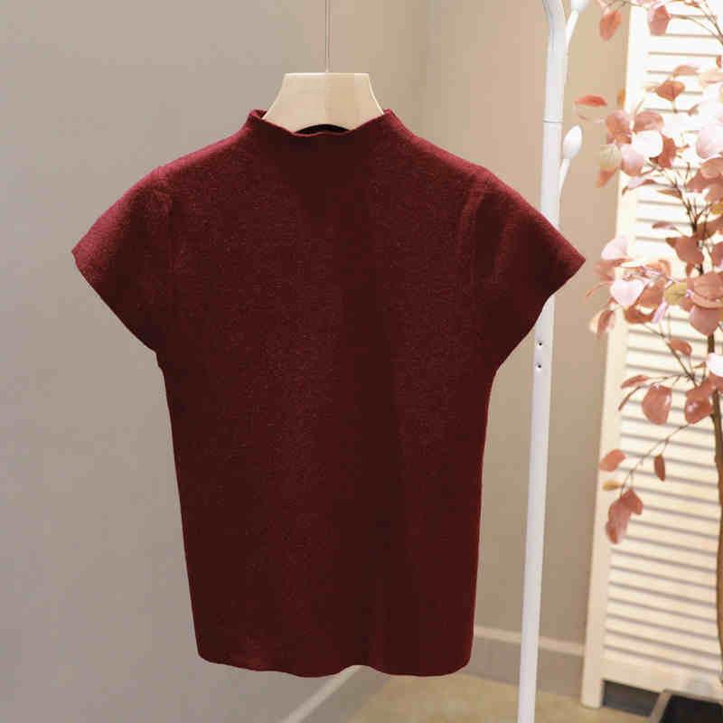 Women's Slim Fit Knitted White Top - Summer 2025 Short Sleeve Half High Neck Tee