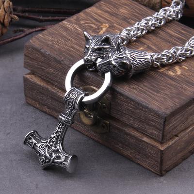 Stainless Steel Wolf Head Thor Hammer Mjolnir Viking Necklace Handmade Chain with Wooden Box Gift for Boyfriend