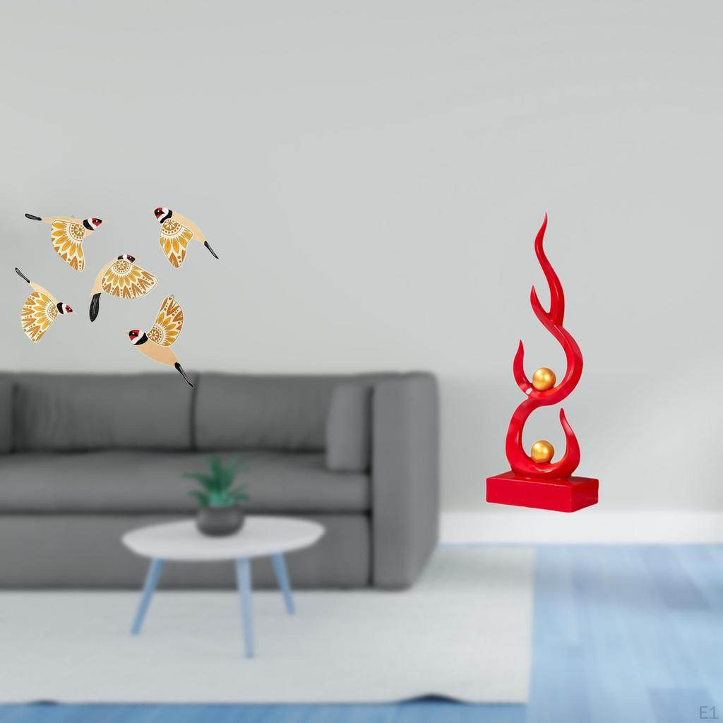 Wooden Bird Wall Art Hanging Ornament And Abstract Fire Statue Resin Flame Figurine Decorative