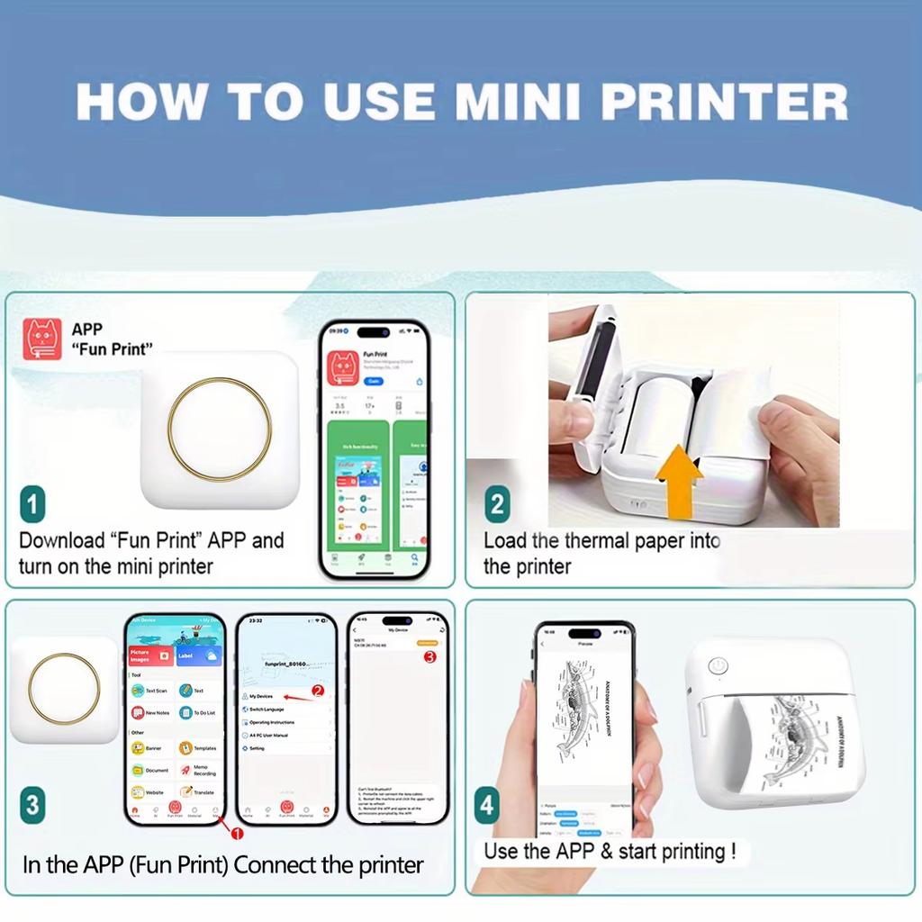 Mini Pocket Printer, Portable Inkless Thermal Printer, Compatible with Android & iOS, USB Charging, Rechargeable Lithium Battery