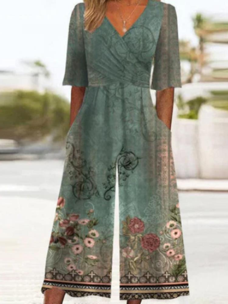 

Женский комбинезон с V-образным вырезом, широкими брюками и цветочным принтом, с боковыми карманами, ромпер с короткими рукавами 5XL