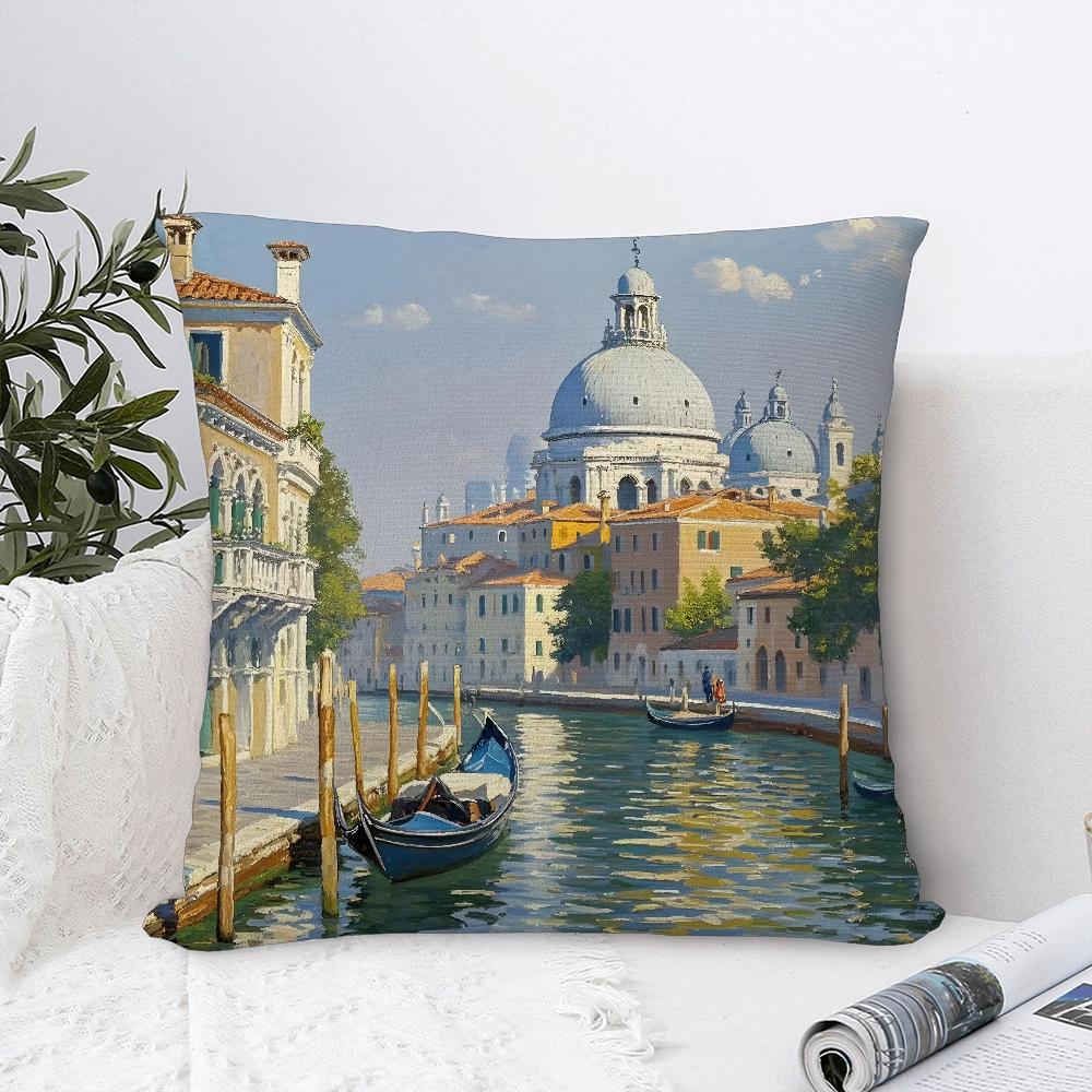 Oil Painting Venice Town Pillow Case Plush Fabric Soft Pillowcase Double Sided Print Cushion Cover Throw Pillow Cover