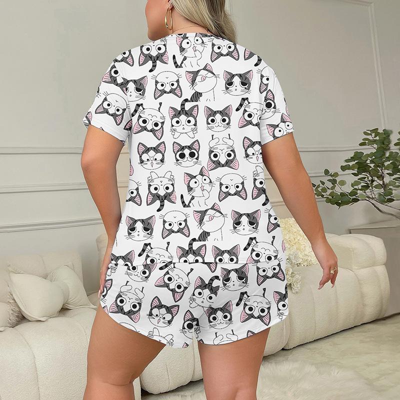 Yaz Büyük Beden 3XL 4XL 5XL Kısa Kollu Üstler ve Şortlar Pijama Takımı Günlük Bol Karikatür Baskılı Beyaz Kadın Pijamaları Uyku Giyim Takımı Ev Giyim
