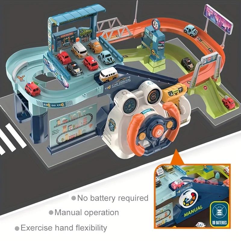 Ensemble de jeu de pistes de voiture de course 2-en-1 pour enfants, Piste de rampe de voiture jouet et Parking élévateur, Ensemble de jeu de piste de voiture double mode pour tout-petits avec