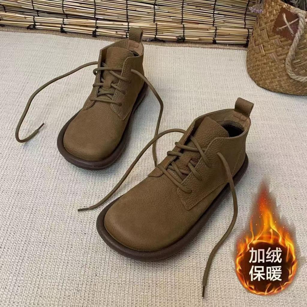 Martin boots women's autumn and winter new real soft leather round head short boots retro handmade shoes soft sole non-slip flat bottom lace-up