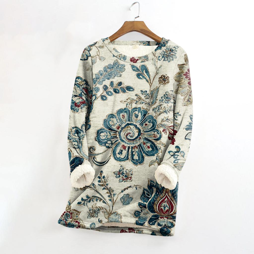 Women's Round Neck Top Printing Thickened Plush Cashmere Warm Long Top