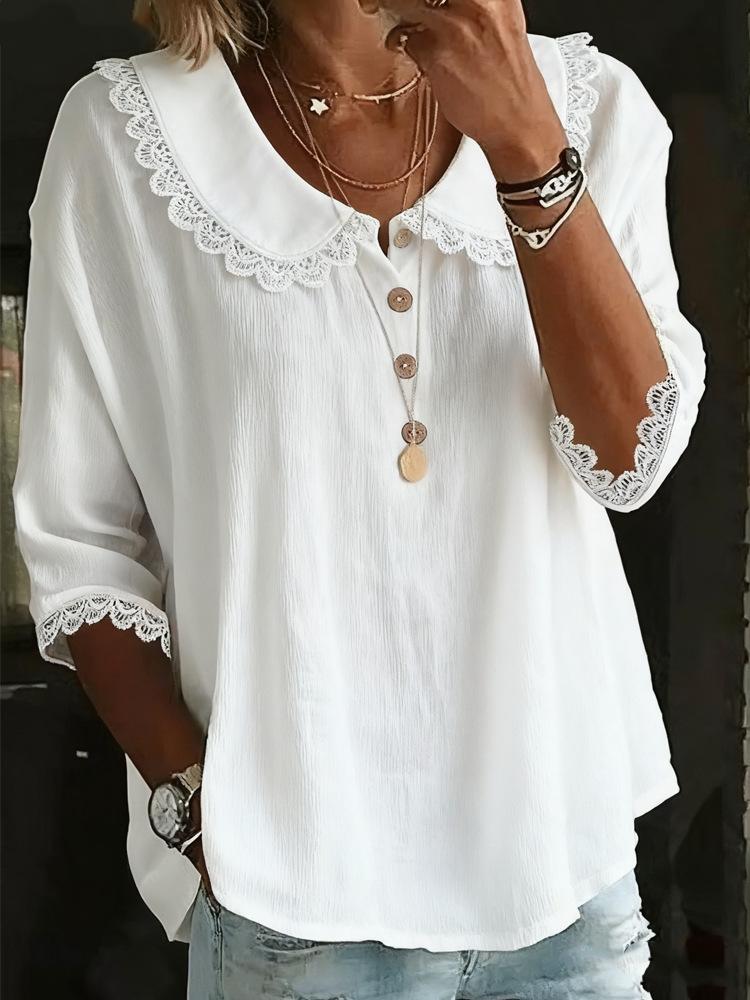 

Short Sleeve Top with Lace Trim and Wooden Buttons in Multiple Colors S белый