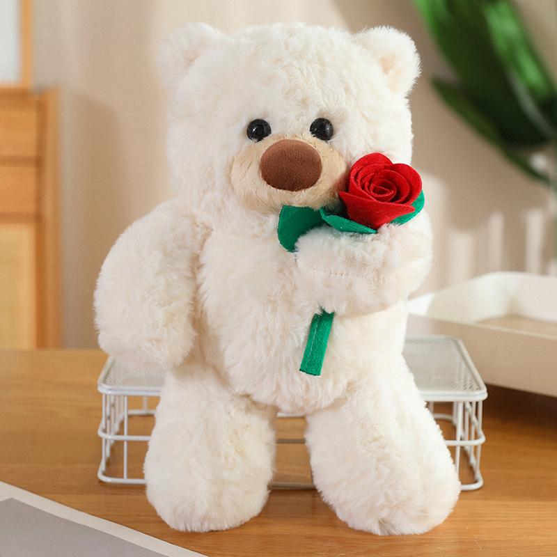 Romantischer Cartoon-Bär Plüschtier Stofftier Sagt Liebe Hält Rotes Herz Rose Puppe Valentinstag Geschenk für Freundin 30cm white