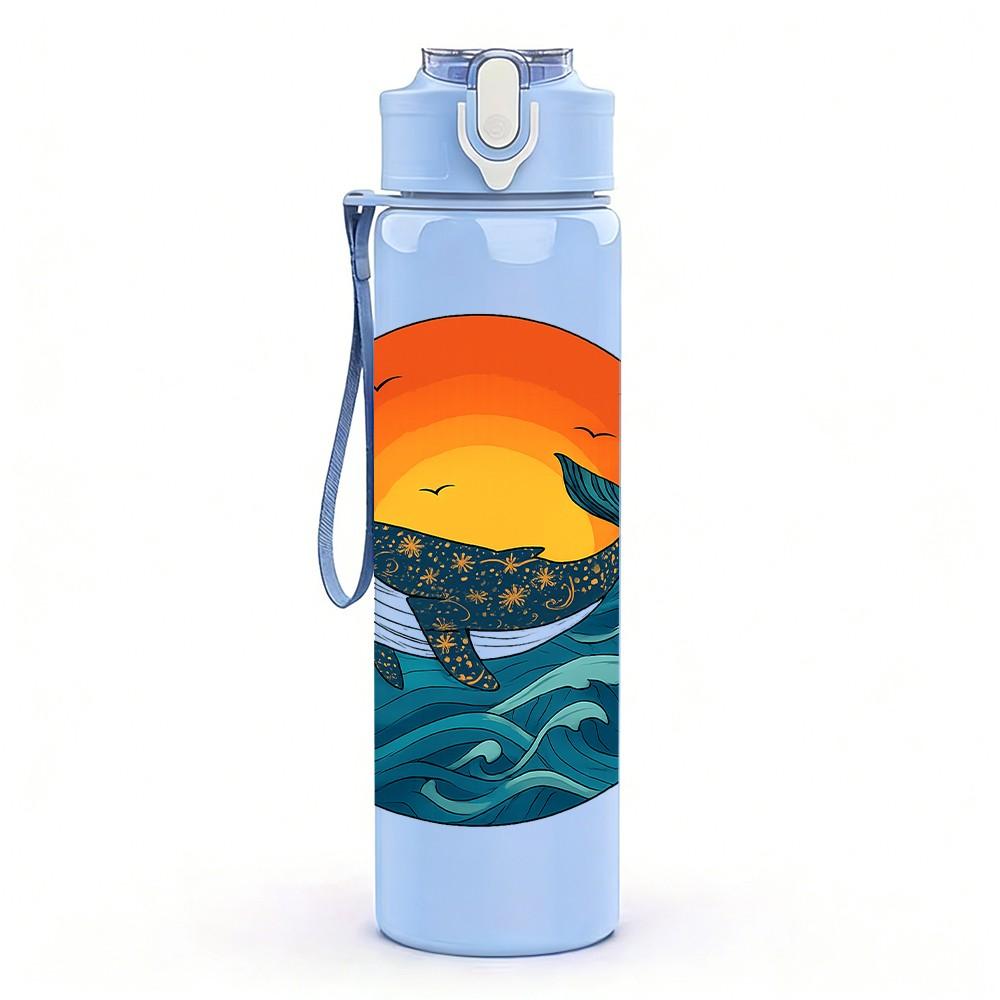 1PC Sunset Whale Ocean Print 750ml Color Plastic Sports Water Bottle Leakproof Flip Straw Lid Suitable for Sports Office Home Use