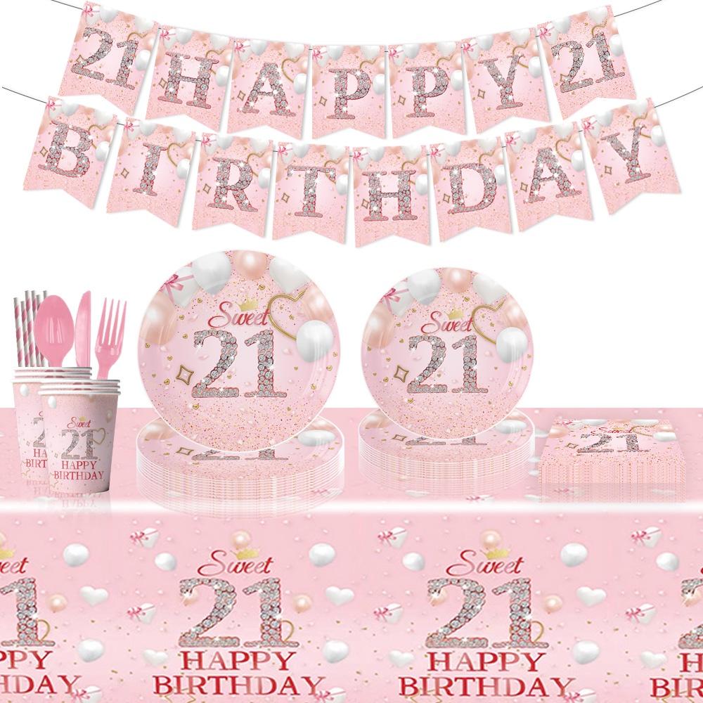 Disposable Party Supplies For 21st Birthday Pink Plates Cups Napkins And Tablecloth Set