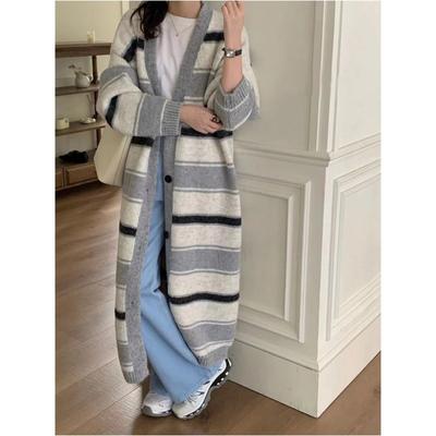 New Autumn and Winter Retro Striped Long Knitted Cardigan Jacket for Women's Lazy Style Loose and Thin Sweater