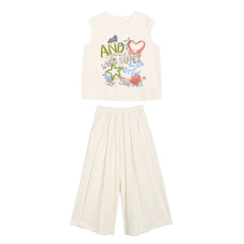 Girls' Tank Top Set, Children's Summer Fashionable Trendy Outfit, Short Sleeve Wide-leg Pants Summer Two-piece Set