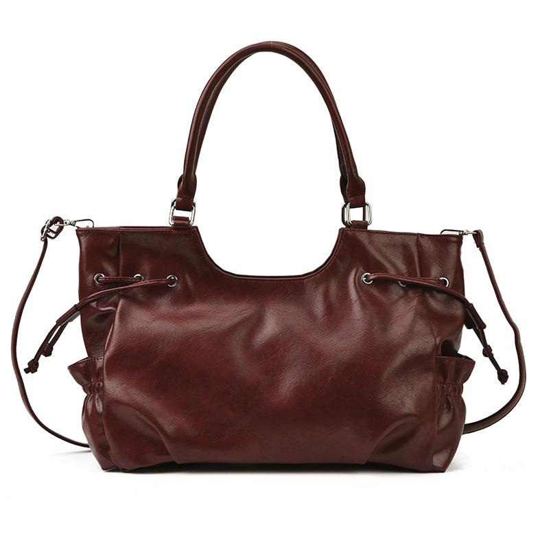 Large Capacity PU Tote Bag Women Fashion Shoulder Bag With Drawstring Detail Soft Texture Handbag Everyday Use