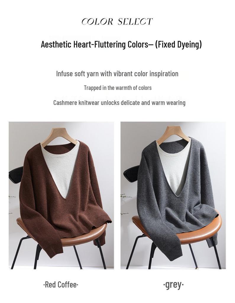 Women's Color Block Cashmere Sweater, Double Collar Two-Piece Design, Versatile Knitwear for Autumn/Winter.