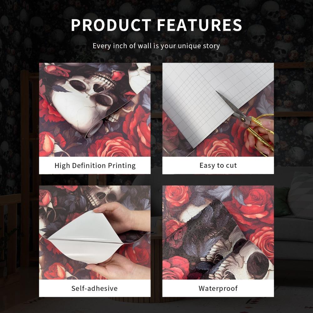 1pc Dark Style Rose and Skull Wallpaper Vintage Floral Peel and Stick Wallpaper Self-adhesive Wallpaper Removable Waterproof Wall Stickers