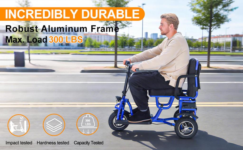Přenosný skládací elektrický skútr červený, se 3 koly, dvěma motory