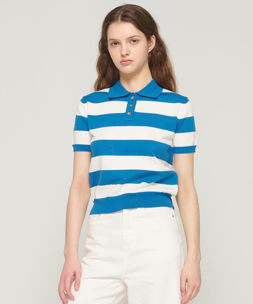 CARGOBROS FOR WOMAN Striped Collar Short Sleeve Knit (Blue)