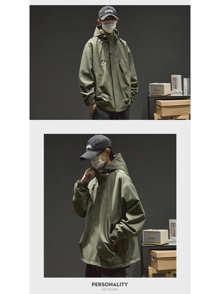 Men's Retro Streetwear Oversized Solid Color Hooded Jacket
