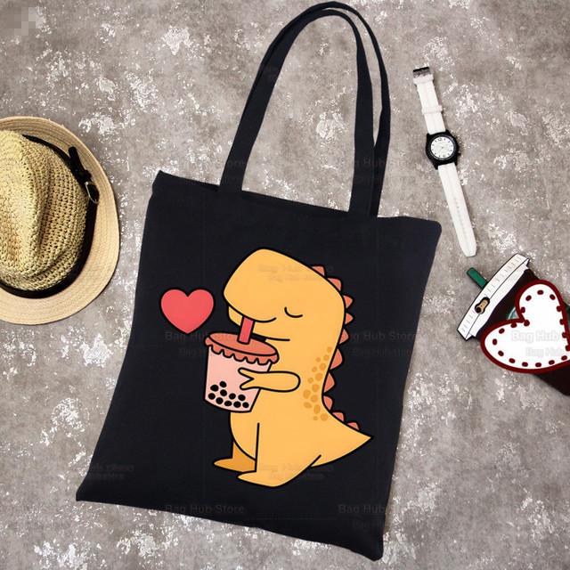 Boba Milk Tea Canvas Black Shopping Cartoon Cute Tote Bag Reusable Shoulder Bubble Tea Cloth Book Bag Gift Handbag