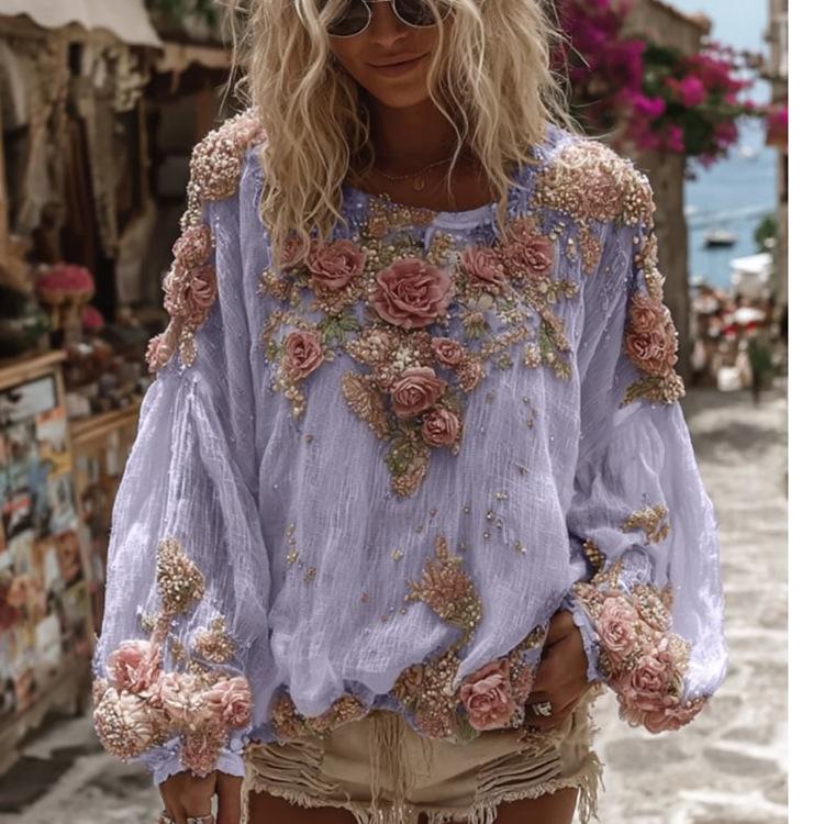 Flower Print Long Sleeved Breathable Autumn Shirts Female O Neck Loose Bohemian T-shirts Casual Holiday Beach Top Blouses