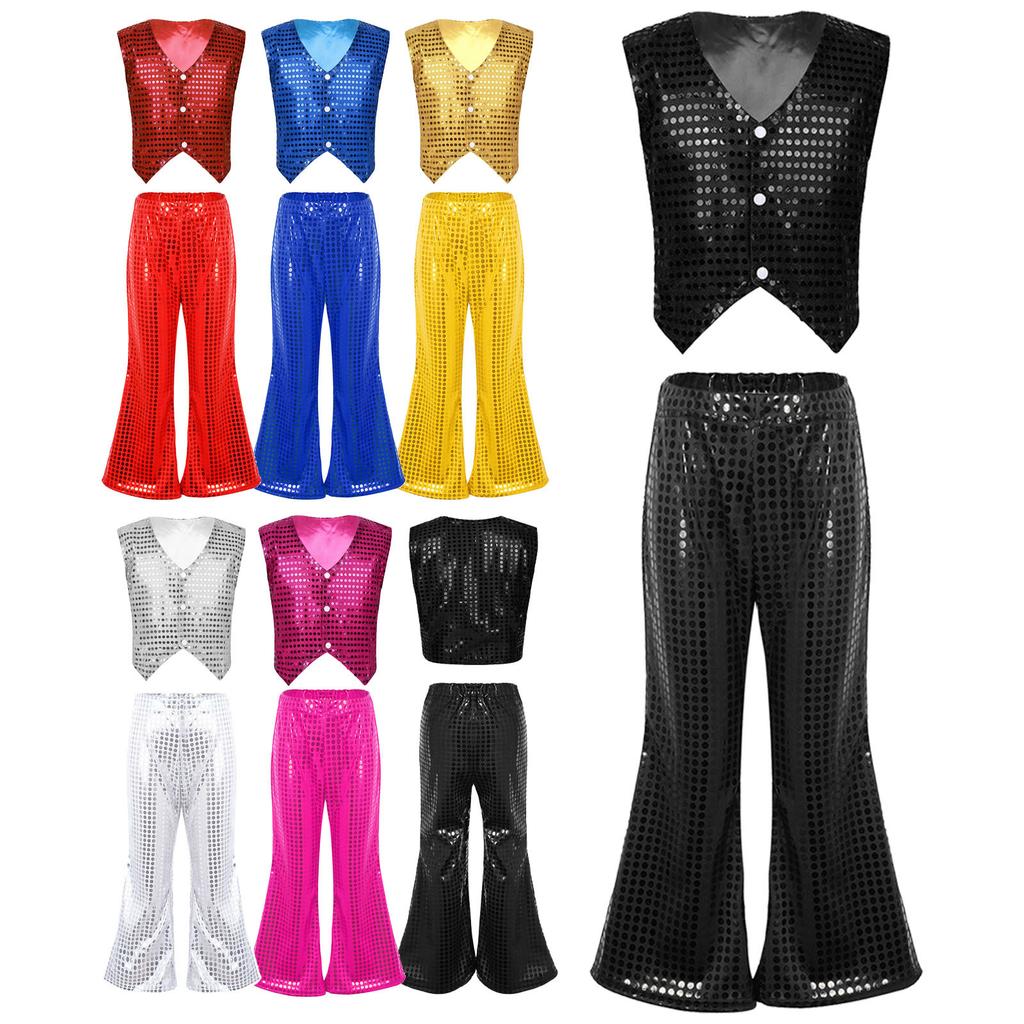 Kids Dance Costume Sparkly Sequined Waistcoat and Flowy Flared Pants Elastic Waistband Party Wear