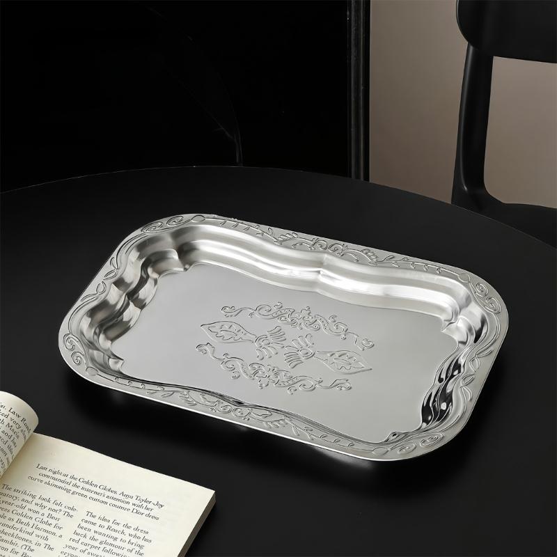 Elegant French Style Metal Tray Engraved Floral Pattern For Serving Snacks Fruits And Appetizers In Homes Or Restaurant