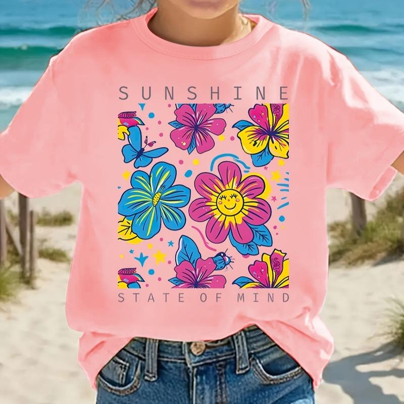 Girls Crewneck Short Sleeve T-Shirt, "Sunshine State of Mind" Floral Letter Print Trendy Casual Summer Tee