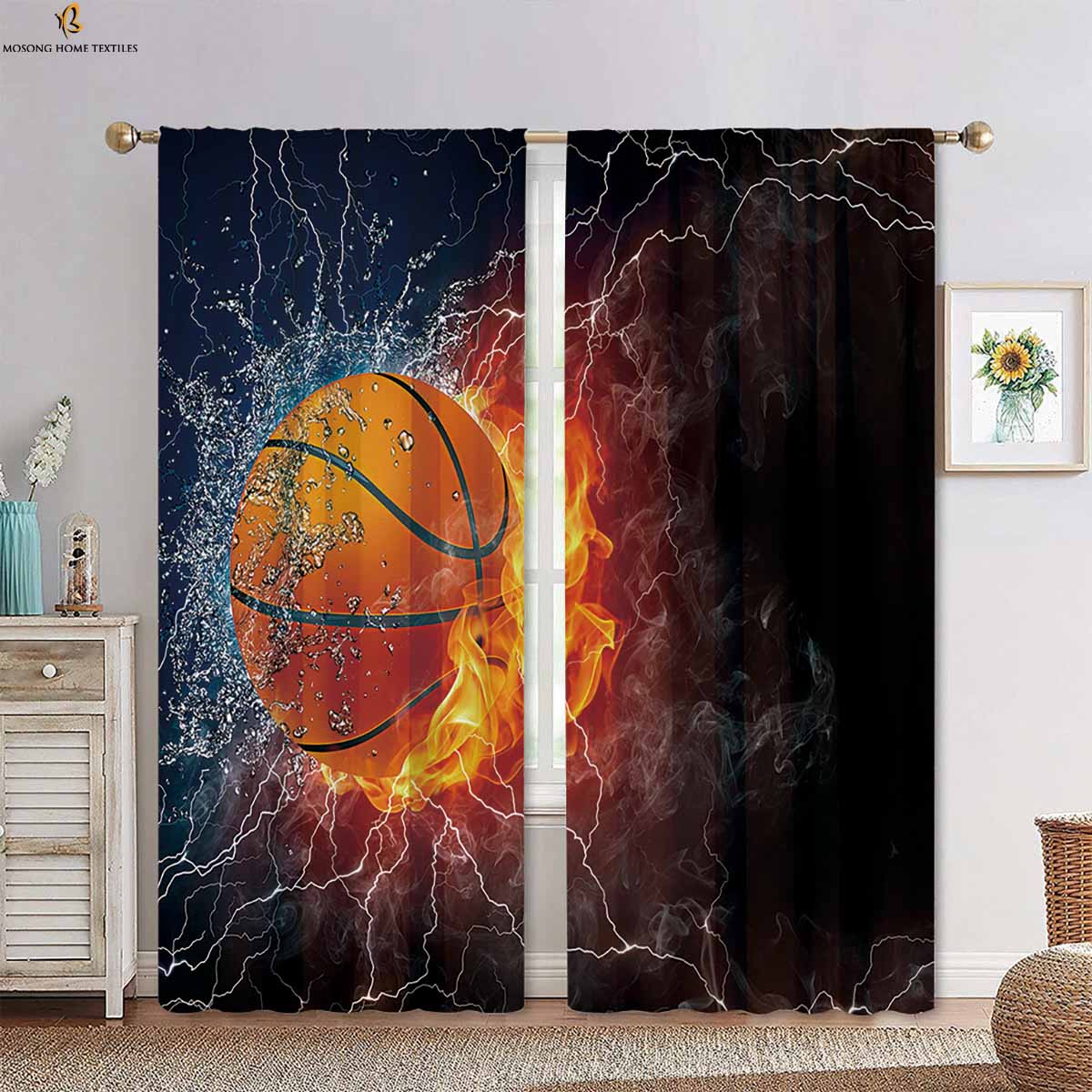 Wasser, Feuer, Fußball, Basketball, coole bedruckte Vorhänge, geeignet für Schlafzimmer, Wohnzimmer, Küche, dekorative Vorhänge, 2 Stück W50xH130(CM)x2PCS&Rod pocket